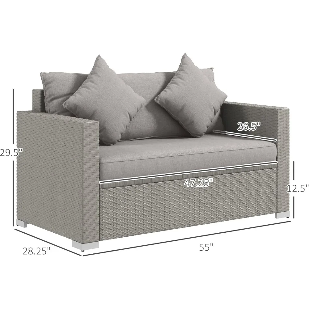 Patio Wicker Loveseat with Cushions, 2-Seat Outdoor PE Rattan Couch, Sofa with Throw Pillows for Porch, Backyard, Garde 2