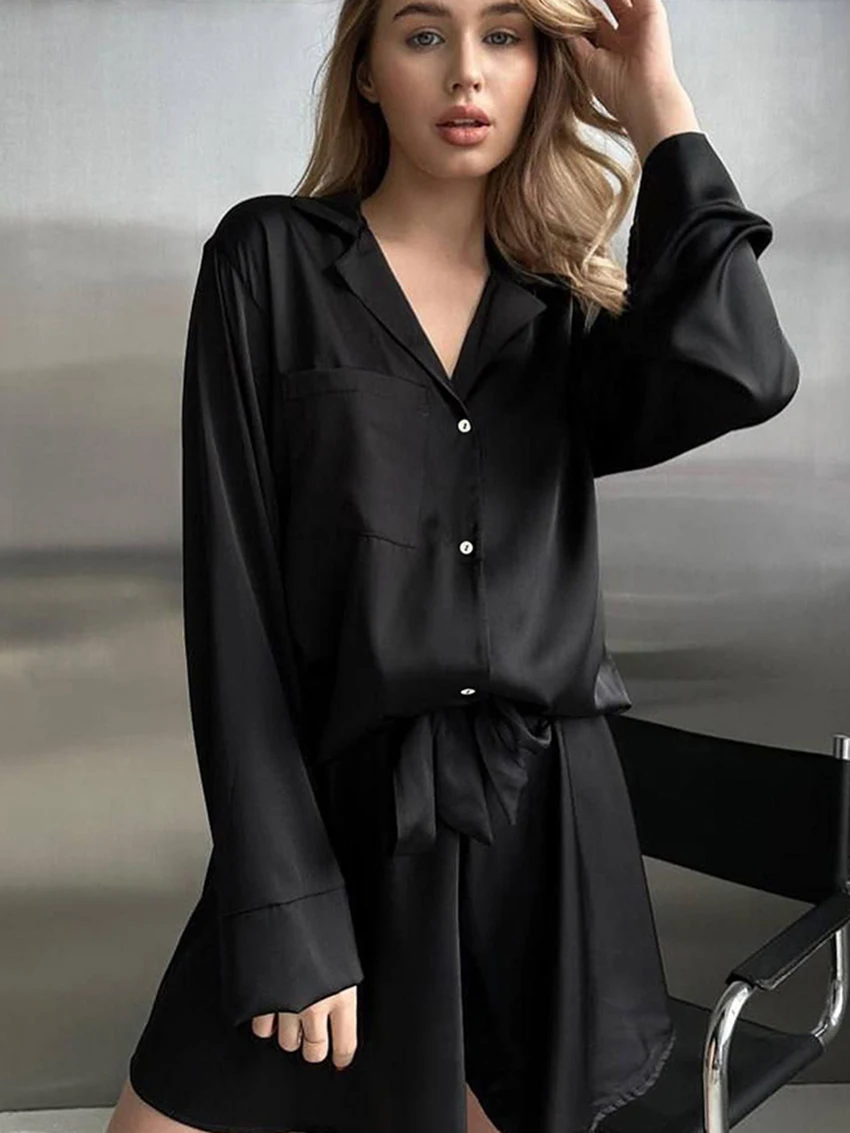 Marthaqiqi Casual Women'S Pajamas 2 Piece Suit Turn-Down Collar Sleepwear Long Sleeve Nightgowns Shorts Loose Ladies Nightie Set