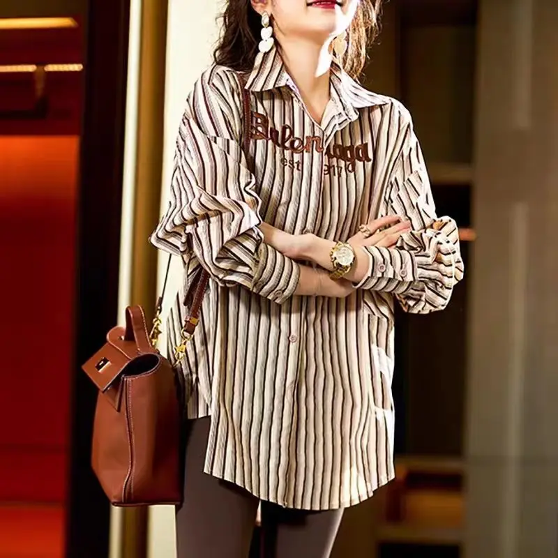 Fashion Lapel Striped Letter Embroidery Shirts Women's Clothing 2023 Autumn Winter Oversized Casual Tops Asymmetrical Blouses