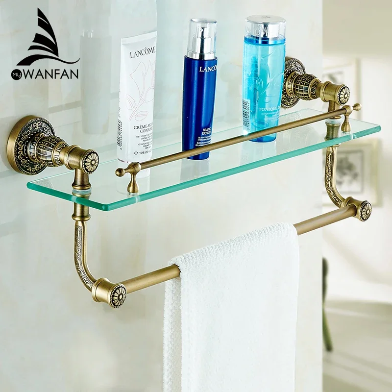 

VidricShelves Tempered Glass Shower Shelf Single Bar Antique Brass Bathroom Accessories Shampoo Storage Wall Shelf SL-7838