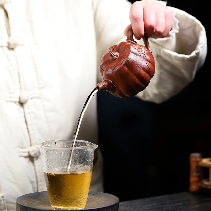 Chinese Style High Pumpkin Shape Teapot, Purple Clay Raw ore Dahongpao, Kung Fu Household, Pure Handmade, 240cc, Tea Pots, 1Pc