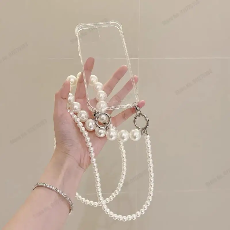 HD Transparent Wrist Strap Crossbody Lanyard Cover with Pearl Bracelet Soft Case