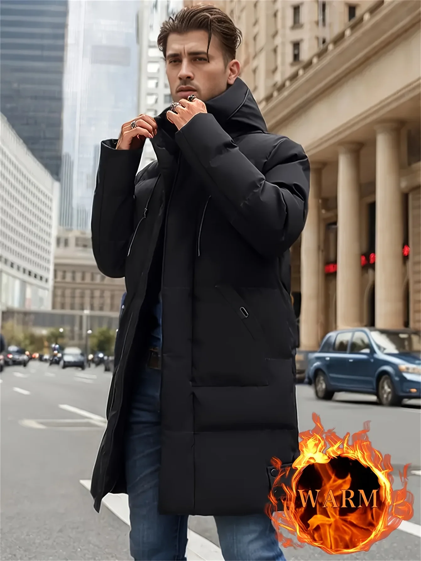 Jaqueta de inverno masculina com capuz e zíper completo acolchoado – casaco à prova de vento com zíper de comprimento total – Roupas externas para clima frio para esqui