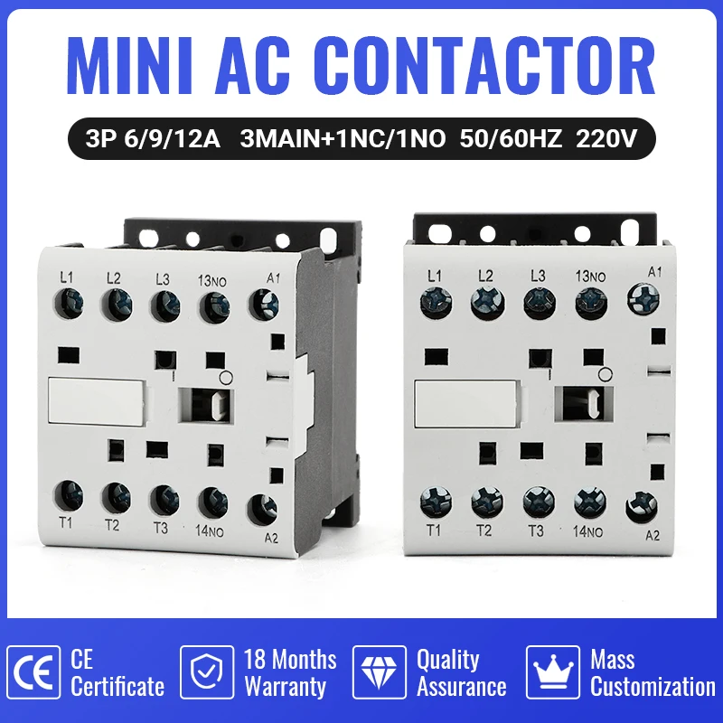 CJX2-K Mini AC Contactor Din Rail 3P 3main 1NO/3main Coil Voltage 220V 50/60Hz 6A 9A 12A 16A