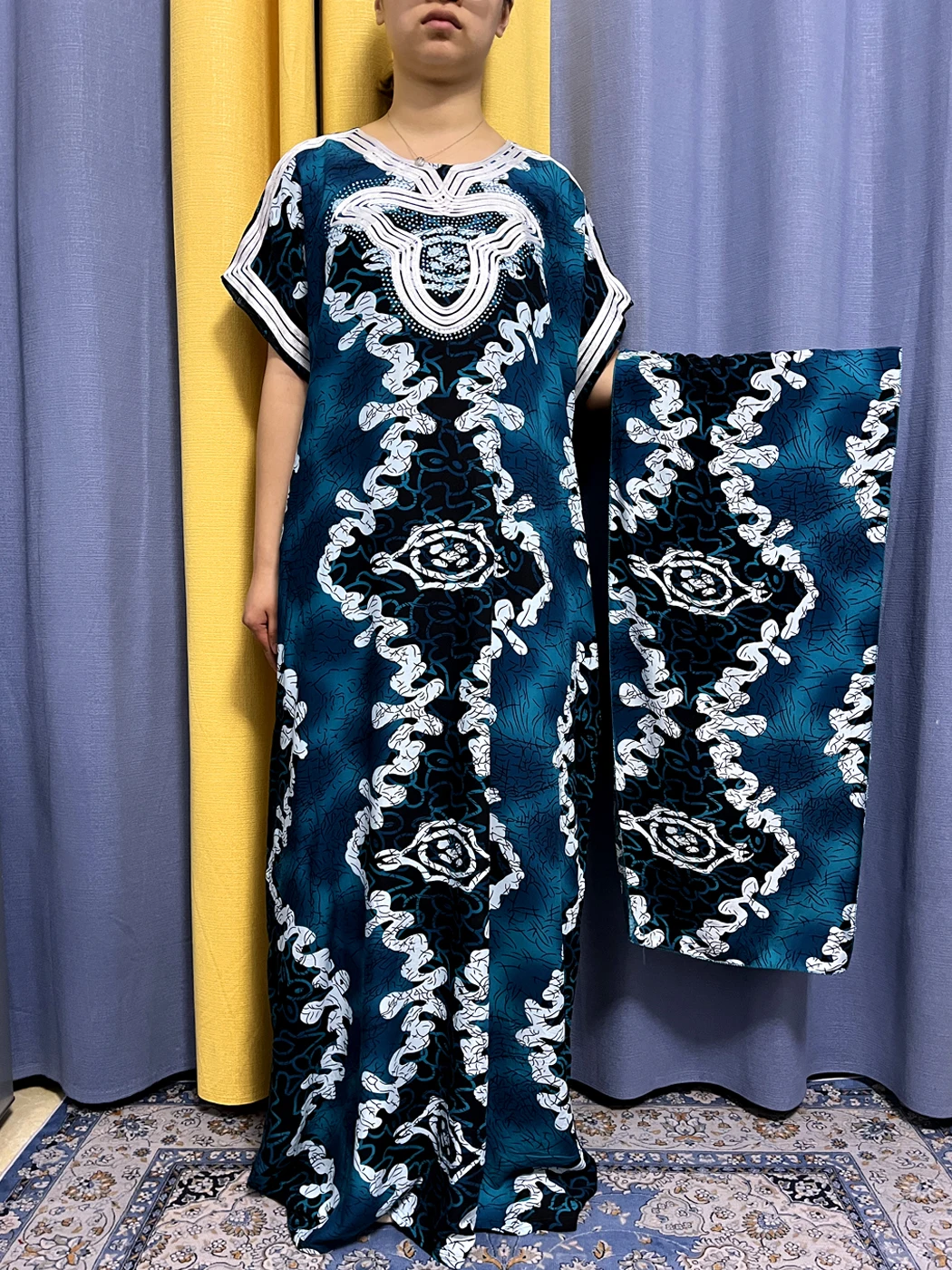 Muslim Abayas For Women 202 New Fashion Traditional Printed Cotton Appliques Dimond Loose Femme Robe African Dress With Turban