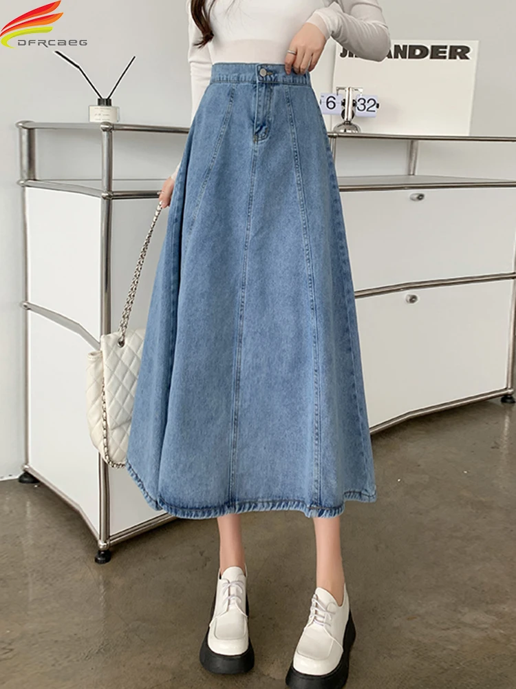 

DFRCAEG High Elastic Waist Women Denim Skirt Long 2023 New Blue A Line Casual Maxi Jean Skirts For Ladies Jupe Longue Femme