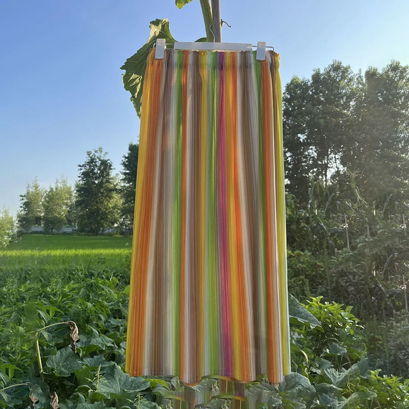 Organ pleated skirt  niche design, elastic waist, rainbow mid length  plaid skirt  clothes  Loose Fit  harajuku women