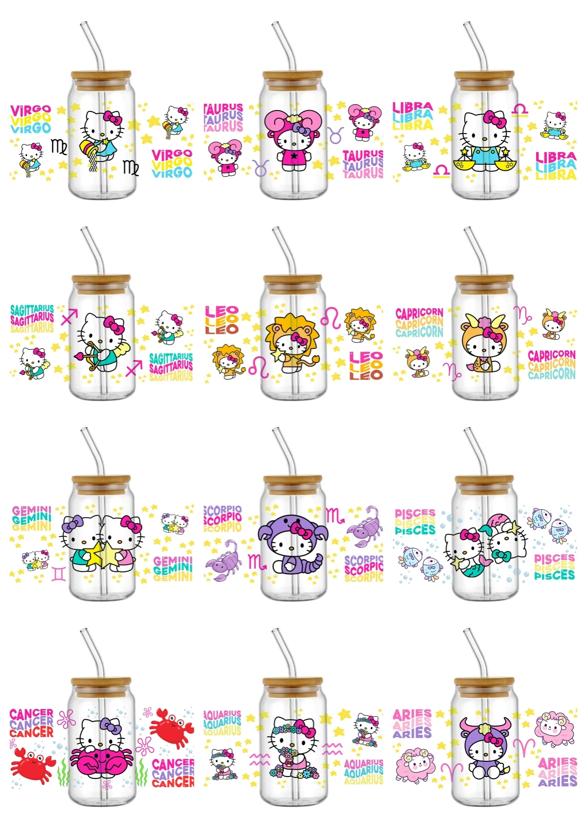 

Miniso 12 zodiac signs Cute cat cartoon pattern 16OZ UV DTF Cup Wraps Sticker For Glass Libbey Can Selfadhesive Washable DIY