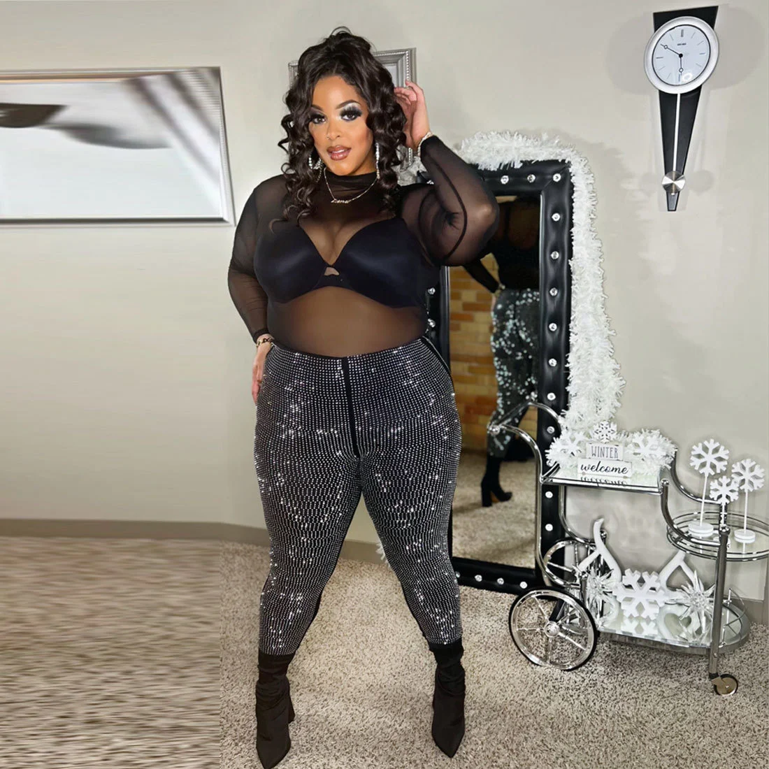 

Plus Size Women Pants 2023 New Fashion Hot Drill Tight Long Pants Nightclub Sexy Straight Pants Large Size Female Trousers