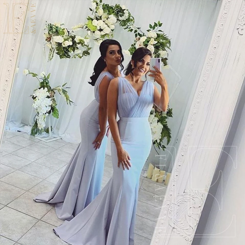 

Sky Blue Satin Bridesmaids Dresses Mermaid Wedding Party Dress for Bridesmaids Formal Party Gowns Appliques Bridesmaid Robes