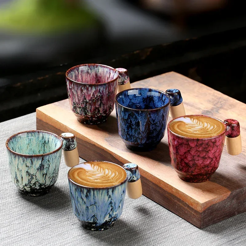 Ceramic Coffee Cup With Wooden Handle Latte Pottery Mug Afternoon Tea Ceramic Mug Breakfast Milk Cup 1pcs ceramic coffee cup set