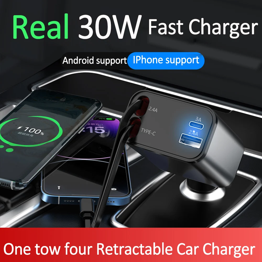 High-Power 4-in-1 Retractable Car Charger with USB-C and Dual USB Ports