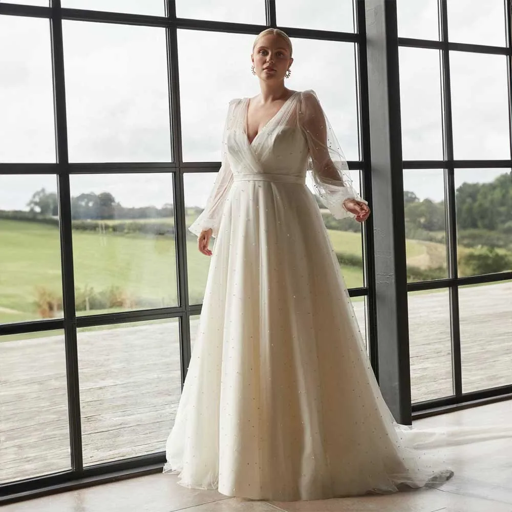 

Elegant V-neck Tulle Long Illusion Sleeve Wedding Dresses for Bridal Beaded Pearls A-line Court Plus Size Wedding Gown