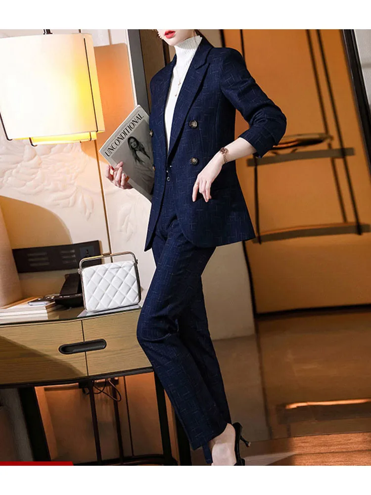 Tesco Women's Suit 2 Piece Plaid Blazer Pants Autumn Winter Sets Elegant Senior Jacket Suit For Female Clothing blazer mujer