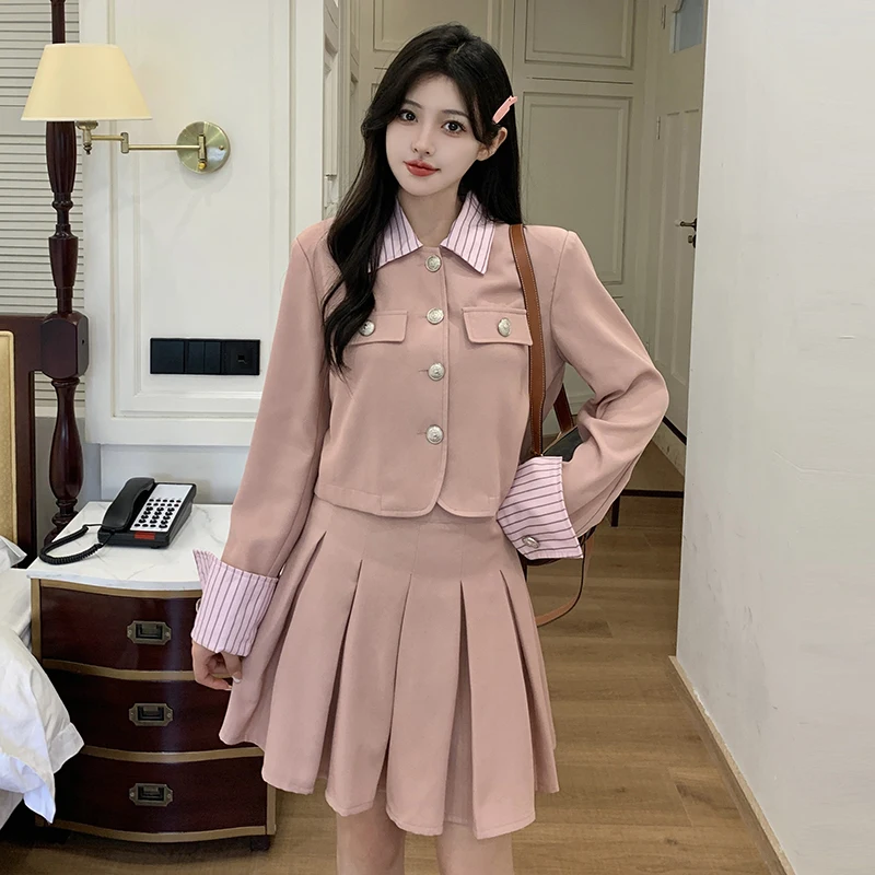 

Women's Autumn Fragrant Stripe Polo Collar Blazer Pleated Skirt Set Vintage Casual Single Breasted Suit Half Dress Two Piece Set