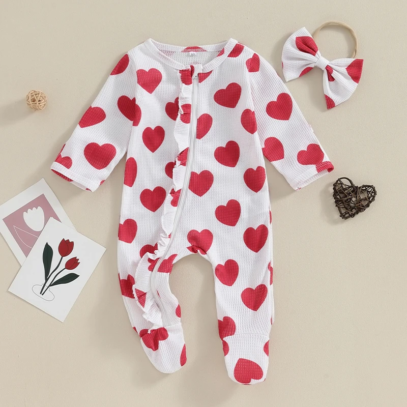 Newborn Baby Girl Valentine s Day Outfit Long Sleeve Heart Waffle Knit Zip Up Footed Romper Headband 2Pcs Set