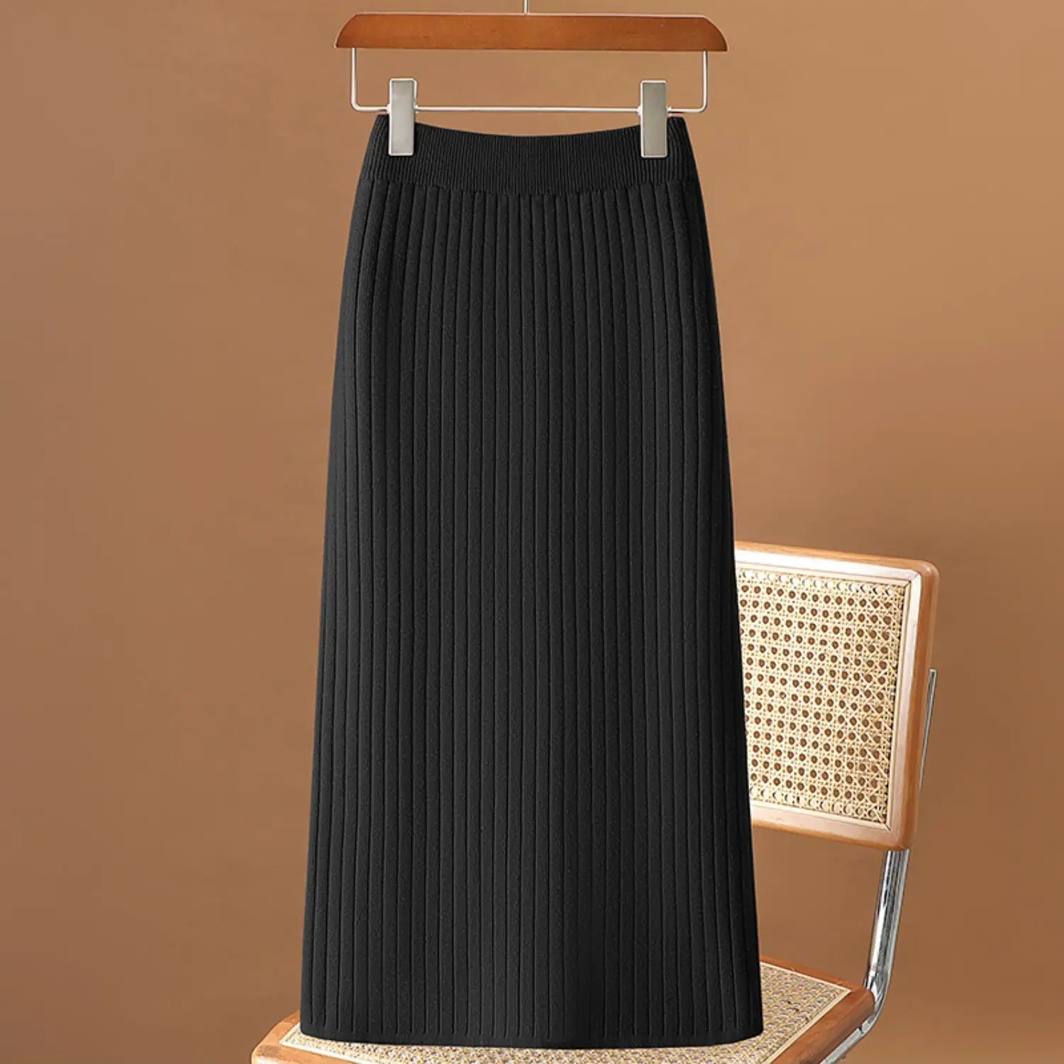 

M-2xl Womens Knee-length Skirts Autumn Spring Female Straight Solid Color Knitting Fashion Office Ladies Clothes H60