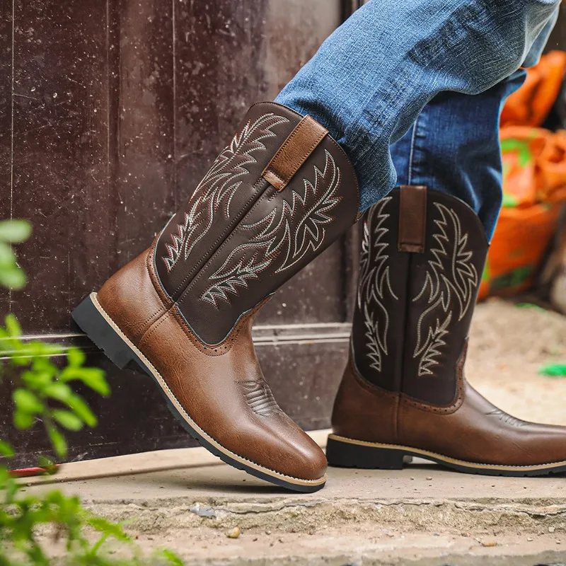 Men High Boots Embroidery Men Boots Retro Pu Leather Western Cowboy Boots Square Toe Casual Shoes Handmade Outdoor Mid-Calf Boot - 2