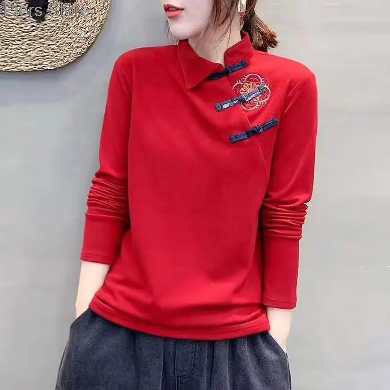 Women Chinese Shirts Long Sleeves Casual Tops Cheongsam Button Cotton