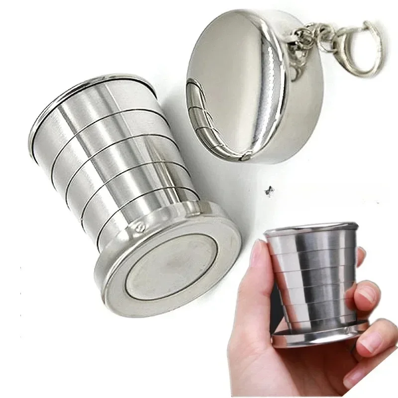 Stainless Steel Folding Cup Portable Water Drinking Telescopic Collapsible Cups Outdoor Travel Keychain Shot Glass