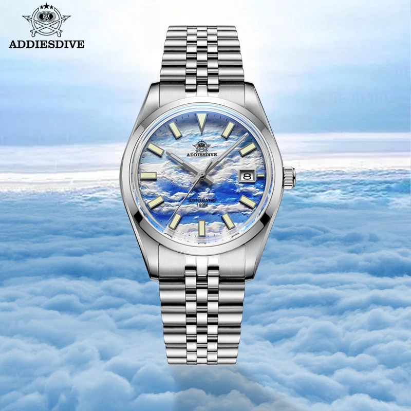 

ADDIESDIVE New Men Automatic Wristwatches Fashion 3D Cloud Sea Dial Watches 10Bar Waterproof Mechanical Watch Steel Diving Watch