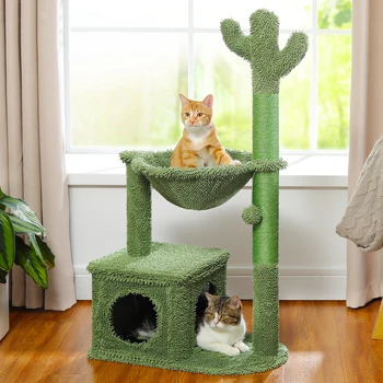 Cactus Cat Tree with Lagre Condo, Hammock, Dangling Ball, Small Cat Tower, Cat Scratching Post for Indoor, Cat Toys 1