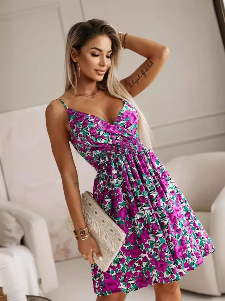 Summer New Elegant Spaghetti Strap Midi Dress Women Sexy A Line Party Holiday Beach Fashion Clothing