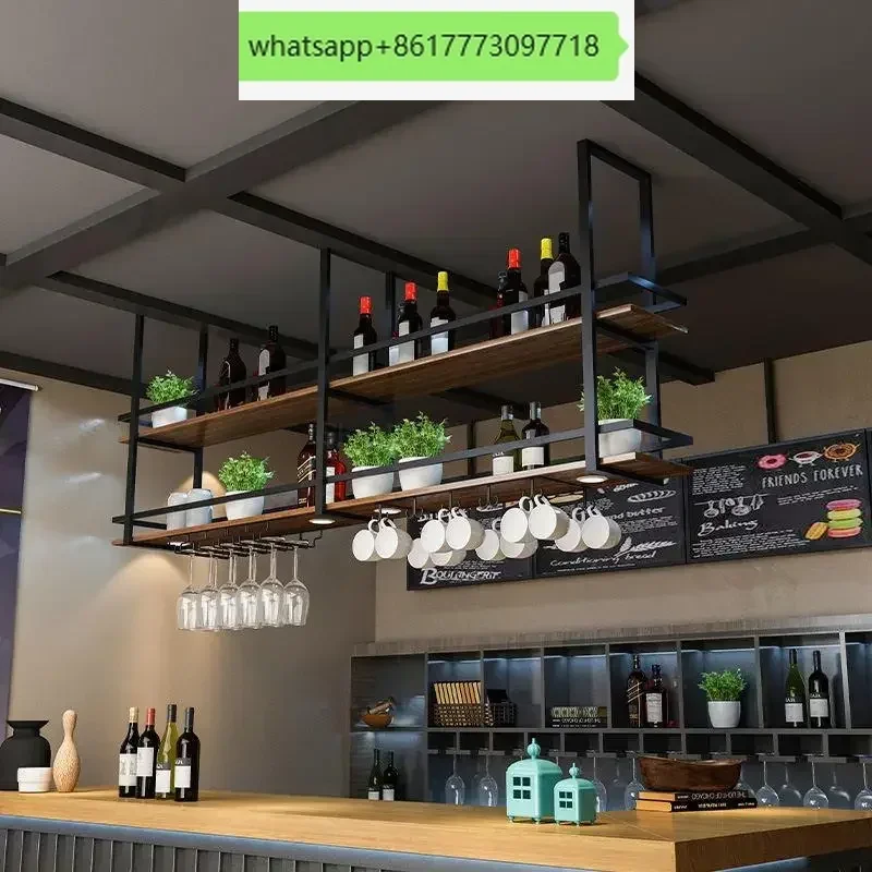 단단한 나무 철 교수형 랙 스토리지 랙 바 카운터 레스토랑 바 주방 교수형 천장..