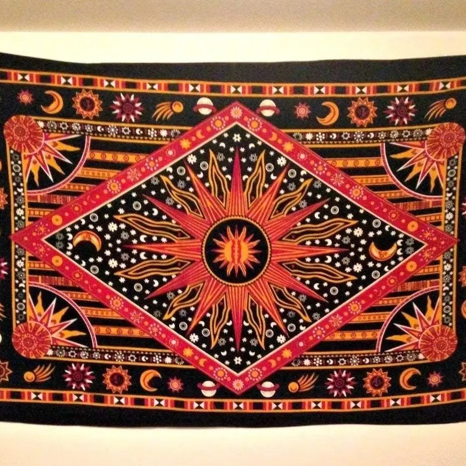 Hippie Mandala sun and moon man-made poster tapestry wall hanging-India gold burning sun star psychedelic pop mysterious beach tapestry decorations
