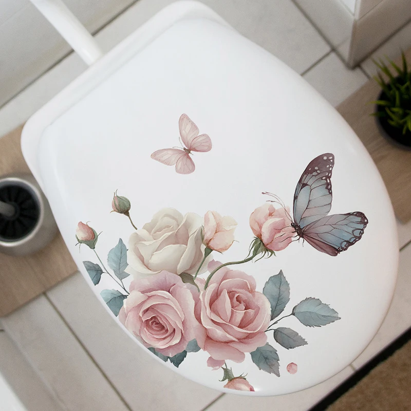 Flowers And Butterflies Pattern Decorative Toilet Wall Sticker For Bathroom Decor Wall Decor Adhesive Wallpaper Toilet