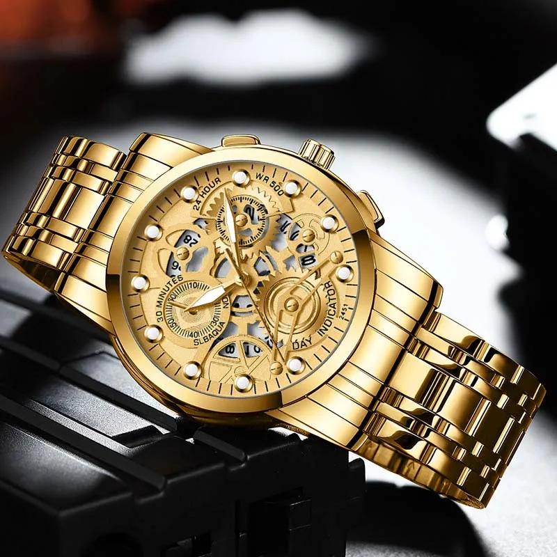 Cool Hollow Men Quartz Wristwatches Gold Luxury Waterproof Sports