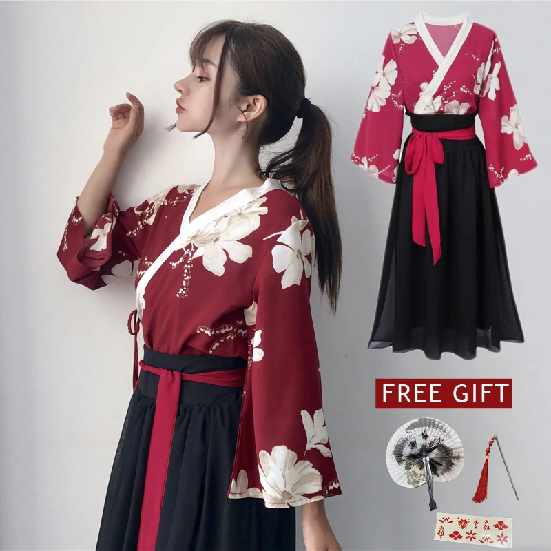 Japanese Kimono Retro Japanese Style Vintage Hanfu Haori Kawaii Girls Women Foral Kimono Dress for Party Yukata Asian Clothes Skirts