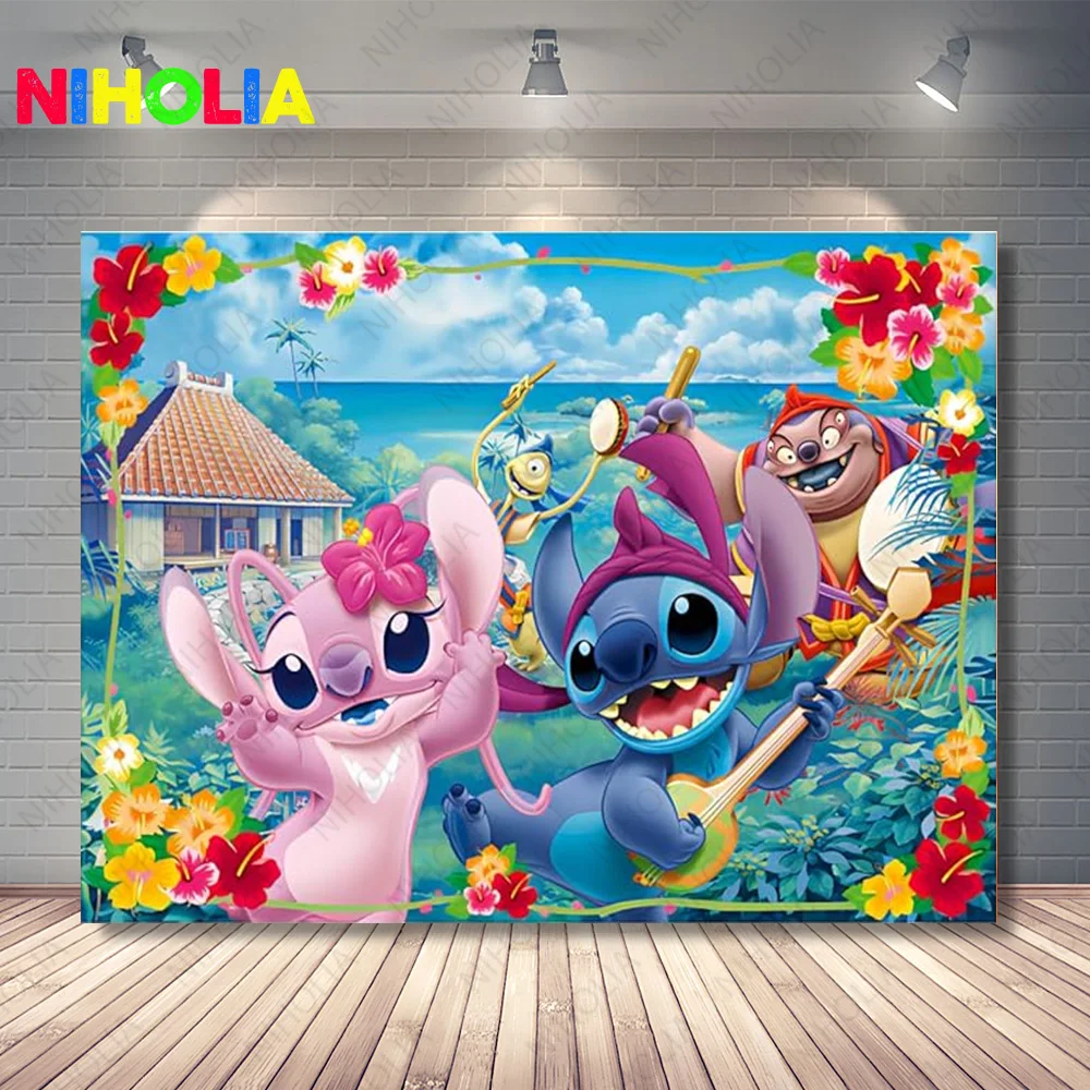 Lilo & Stitch Backdrop Kids Birthday Party Photo Decoration Photography Ocean Flower Background Baby Shower Prop Banner