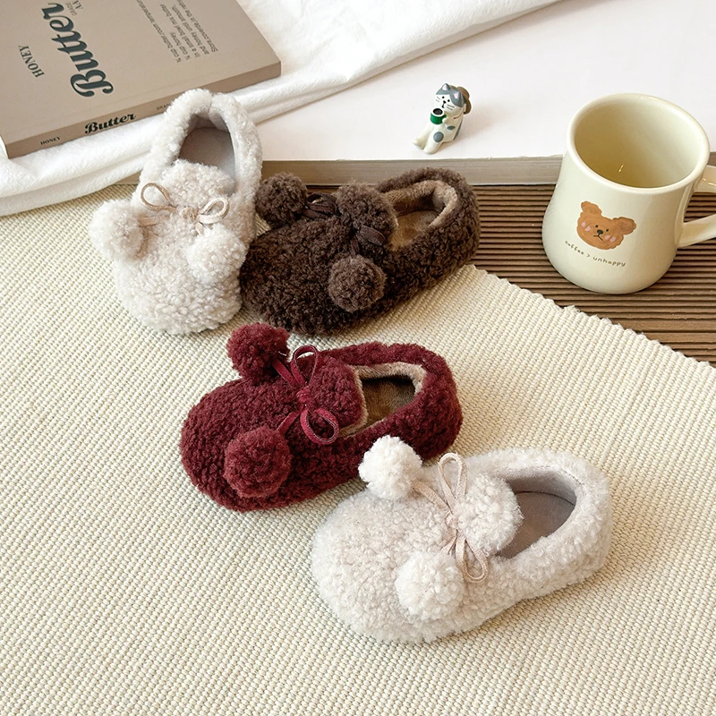 Girls Fuzzy Winter Shoes with Plush Ball Soft Sole