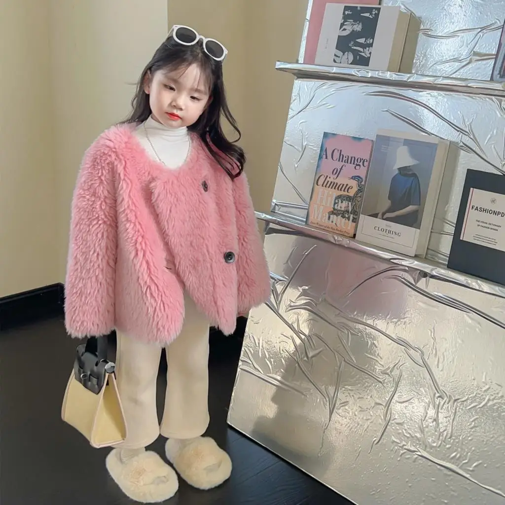 

Girls Real Wool Lamb Fur Coat for Kids 2023 Winter New Small Short Woolen Coats Cropped Jacket Children Real Fur Warm Outerwear