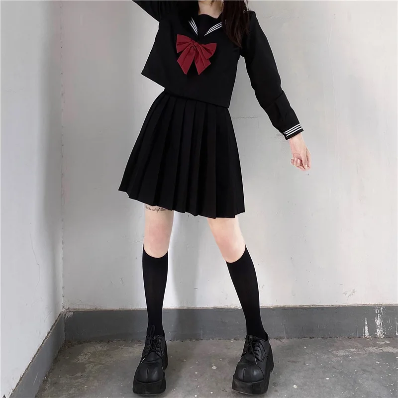 Japanese Schoolgirl Skirt Japanese School Uniform Girls Plus Size Jk Suit Red Tie Black Three Basic Sailor Uniform Women Long Sleeve Suit