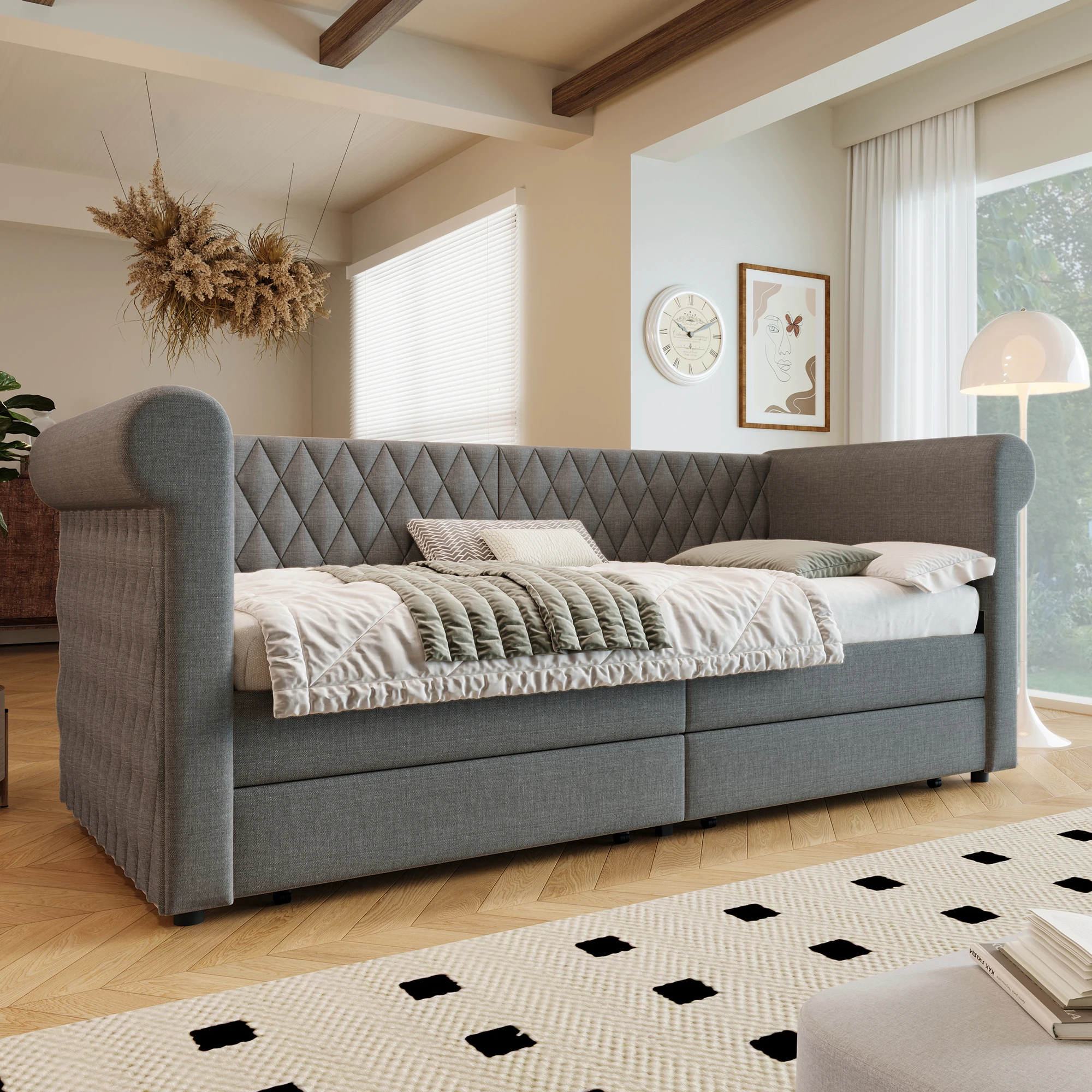 KOMHTOM Vintage Polsterbett Sofabett Tagesbett 90x200 cm, 2 Stauraum-Schubladen, Holz-Lattenrost, Linen-Material, ohne Matratze – Detail 1