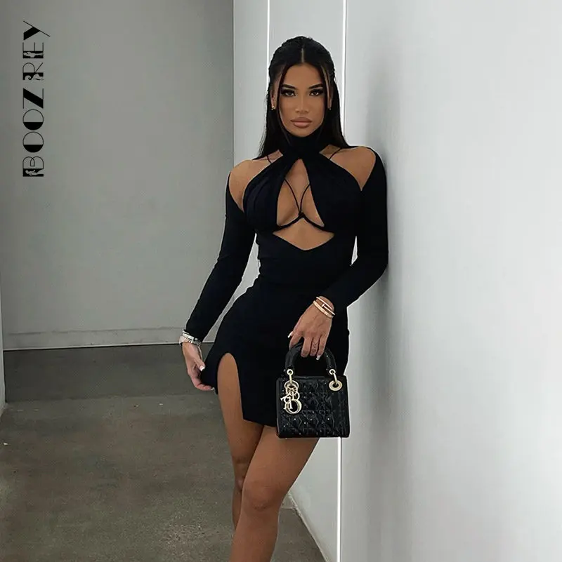 

BoozRey Autumn Halter Cleavage Mini Dress Women Off Shoulder Side Split Long Sleeve Hipster Bodycon Female Solid Classic Clothes