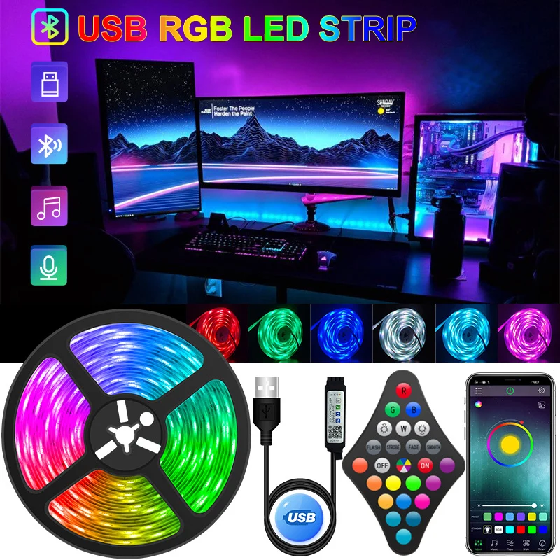 

Светодиодная лента с USB, 5050, 2835, RGB, управление через приложение, изменение цвета, режим дистанционного управления с 24 клавишами, для украшения комнаты, Bluetooth, ТВ