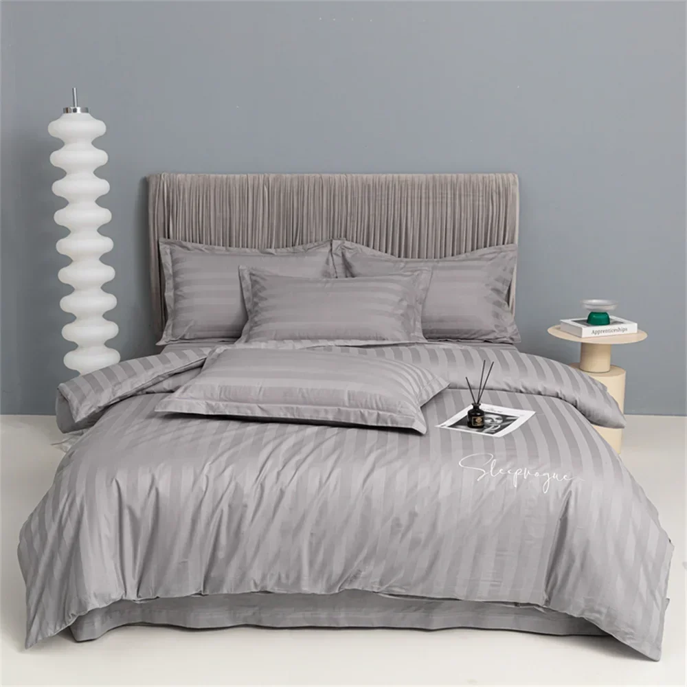 Sve304L Nordic Sliver Grey Stripes 100% Cotone Egiziano Jacquard Biancheria Da Letto Queen King Size Set Lenzuolo Con Angoli Copripiumino Biancheria D