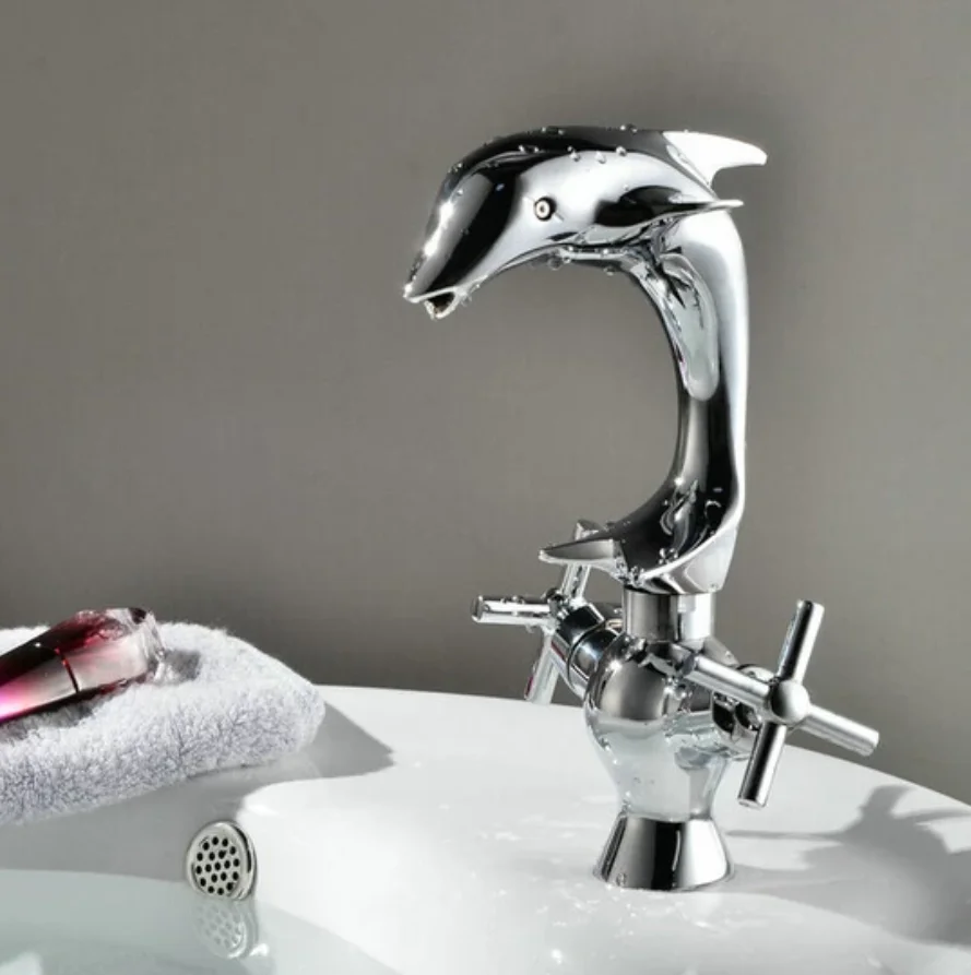 Chrome Polished Brass Basin Mixer Tap Dual Handle Hot and Cold Faucet Dolphin style bath mixer terneira faucet