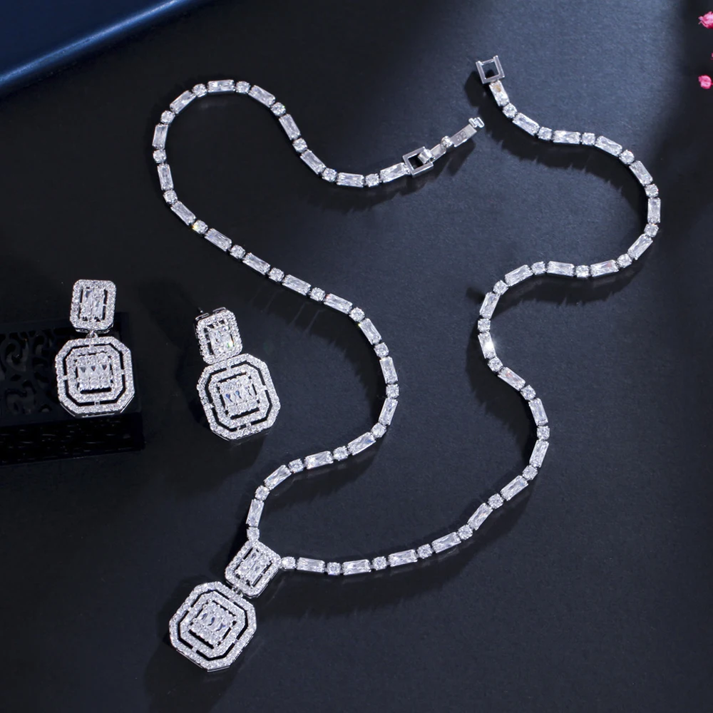 ThreeGraces Geometric Square Earrings Necklace Shiny Cubic Zirconia Crystal Fashion Jewelry Set for Women Party Gift TZ651 jewelry sets jewelry set