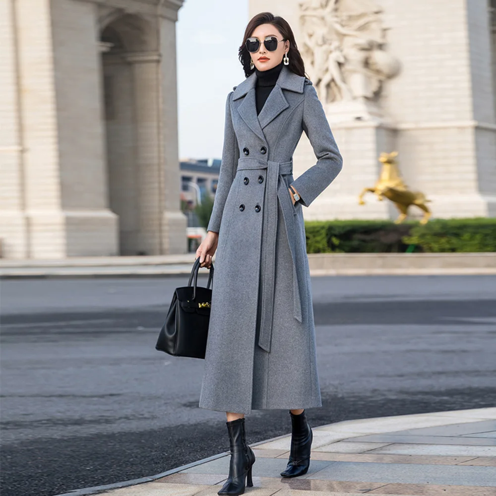 New Women Long Woolen Coat Autumn Winter Fashion Simplicity Double Breasted Slim Wool Blends Overcoat Thicken Warm Outerwear