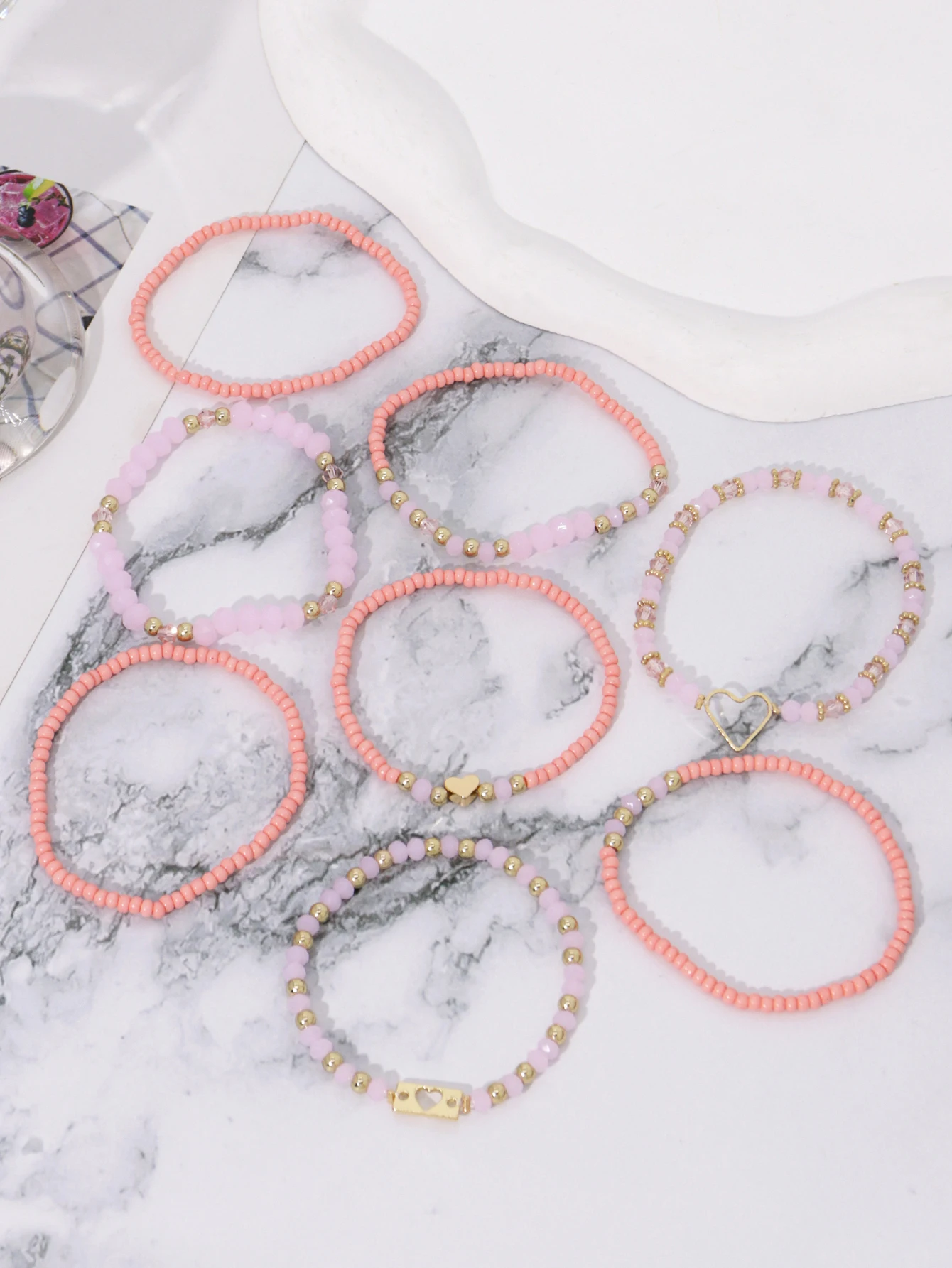 8PCS Pink Bead Bracelet Set for Women