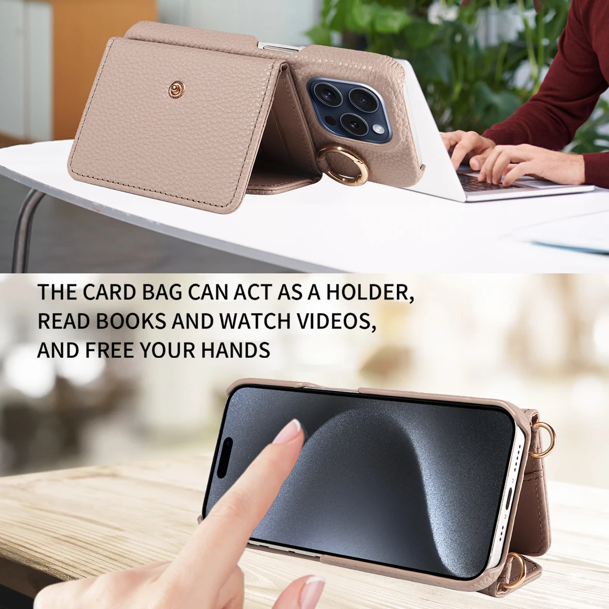 Elegant Leather Phone Case with Anti-Drop Protection, Long Lanyard, and Built-In Mirror