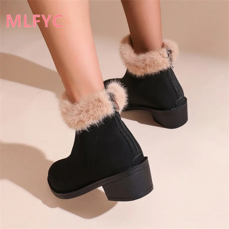 European American Pointed Thick Heeled Short Boots Women Winter New Back Zipper for Comfort Medium Heeled Ladies Fashion Boots