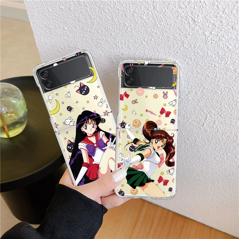 samsung galaxy z flip3 case Case For Galaxy Z Flip 3 5G Transparent Hard PC Back Cover For Samsung Galaxy Z Flip3 Protective Bumper Shell Sailor Moon Anime galaxy z flip3 phone case