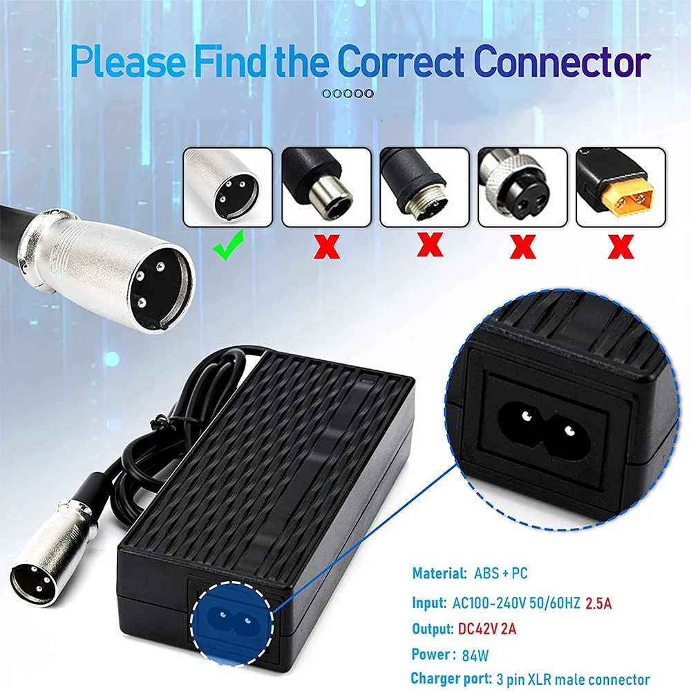 36V 10S 오토바이 리튬 이온 배터리용 42V 2A 5A 전원 어댑터 배터리 충전기 3 핀 XLR