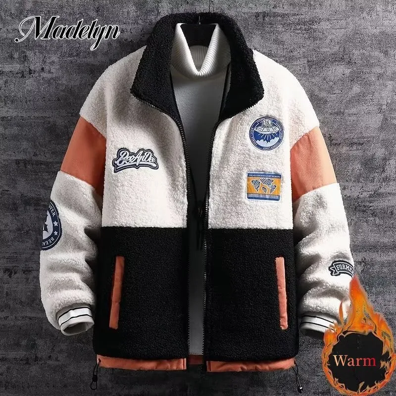 

Casual Men's Lamb Velvet Jackets Winter Contrast Color Patchwork Coat Male Thick Warm Jacket for Men Fleece Padded Youth Uniform