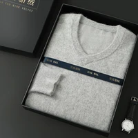 Men's 100% Mink Cashmere Large Size Sweaters Autumn Winter Solid V-neck Casual Knit Pullovers Men Long Sleeve Warm Jumper 1